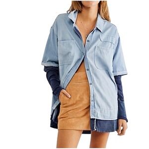 Free People Layer It Up Denim Twofer Thermal Shirt Size Small Blue Boho